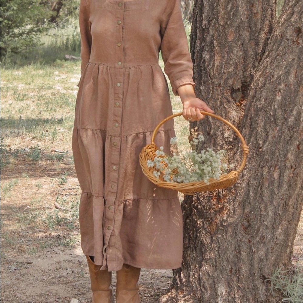 Handmade Tiered Linen Dress with Squared Neckline, Salmon/Peach, XL - Picture 2 of 9